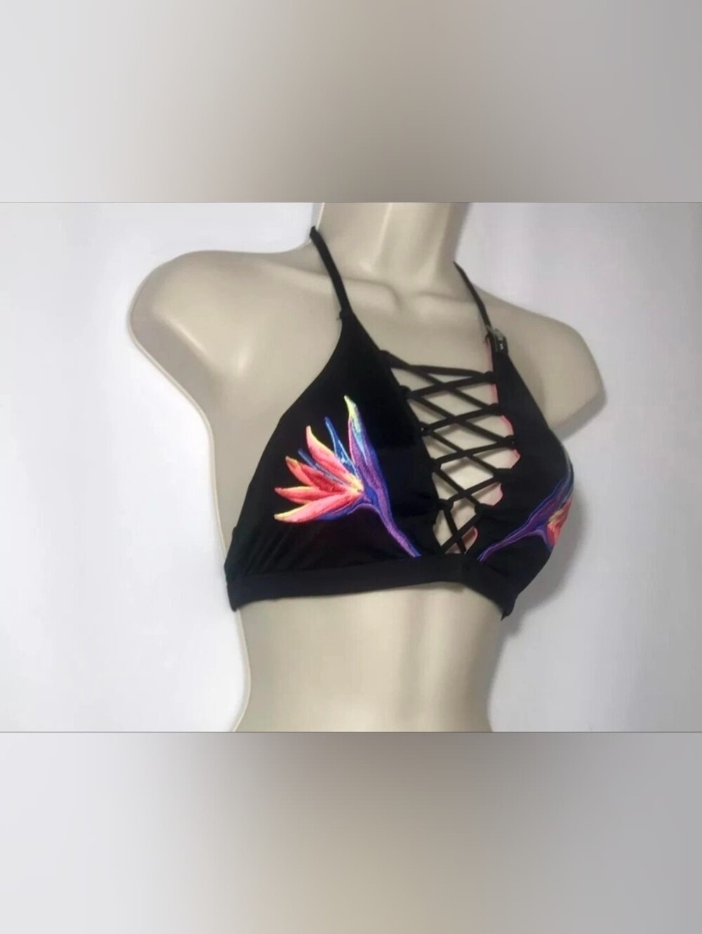 Victoria Secret PINK Floral Strappy High Neck Halter Top Black Embroidered Large